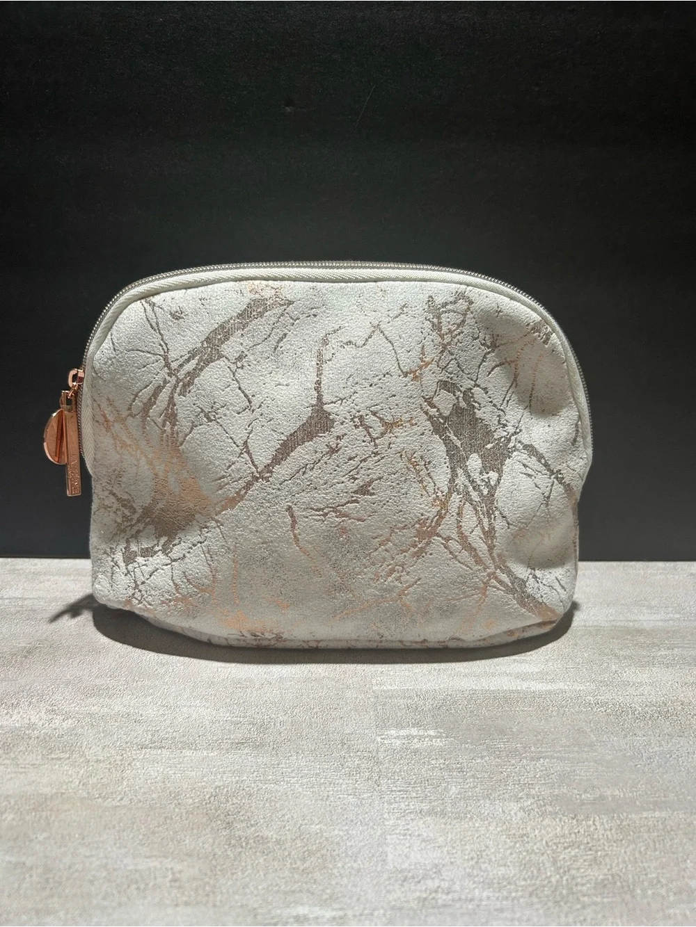 Metallic Marble-Print Cosmetic Pouch - White and Rose Gold